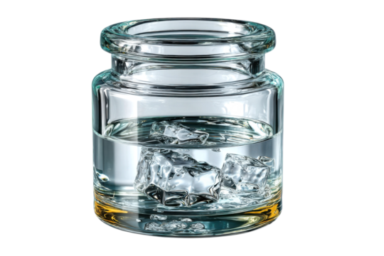 Refreshing ice cubes floating in a clear glass jar with water on transparent background