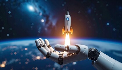 A futuristic scene depicts a robot hand holding a rocket ship taking off into space, symbolizing innovation and technological advancement. The Earth serves as the background.