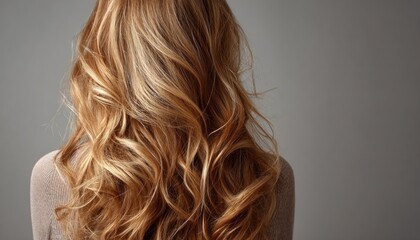 Fototapeta premium Woman showing long wavy blonde hair from behind on gray background