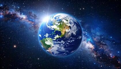 Obraz premium Earth planet in space, surrounded by stars and nebulae, showcasing the beauty of our world from a cosmic perspective.