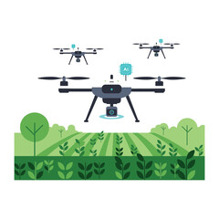 Drone-powered Agriculture: A stylized illustration showcases a modern agricultural landscape with a squadron of drones hovering over a field of crops, symbolizing technological advancement. © Ajhar234