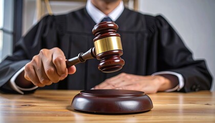 A judge in a courtroom holding a gavel in his hand