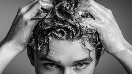 Man washing hair with shampoo and foam in shower