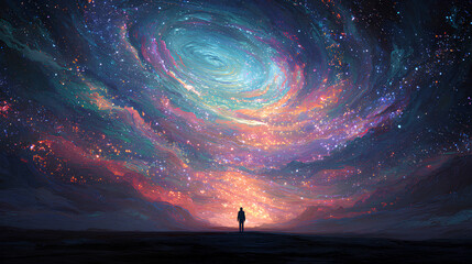 Mystical Portal in a Colorful Galaxy with a Figure Standing in the Center of a Cosmic Swirl
