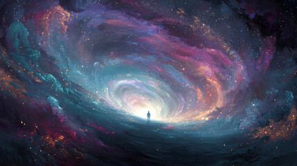 Mystical Portal in a Colorful Galaxy with a Figure Standing in the Center of a Cosmic Swirl