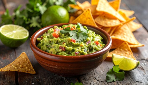 Fresh homemade guacamole dip with crispy corn tortilla chips and lime on a rustic wooden table