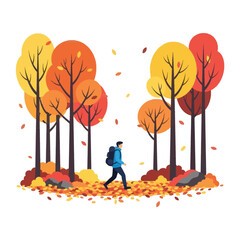 Autumn Explorer: A lone hiker journeys through a vibrant forest in the golden hues of autumn, surrounded by falling leaves and towering trees.