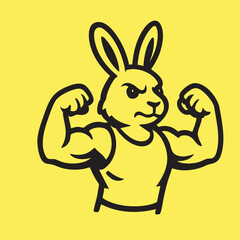 Rabbit mascot flexing muscles with bold illustration style. Bunny gym logo
