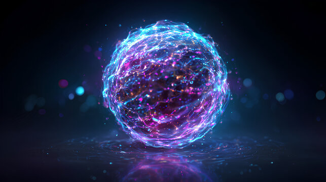 Neon futuristic 3d sphere of blue and purple glowing digital waves and particles. Future technology concept, Artificial Intelligence, engineering, and science. Abstract energy orb. Data, innovations.  - Powered by Adobe