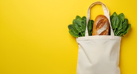A burst of freshness and sustainability&mdash;green spinach and rustic bread tucked in a reusable bag, radiating warmth and conscious living.