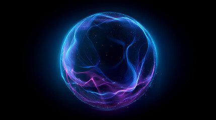 Neon futuristic 3d sphere of blue and purple glowing digital waves and particles. Future technology concept, Artificial Intelligence, engineering, and science. Abstract energy orb. Data, innovations. 
