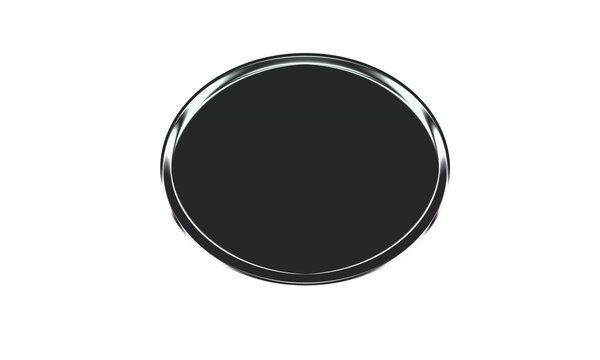 Modern 3D render of a blank black circular button with a shiny chrome frame, isolated on a white background.
