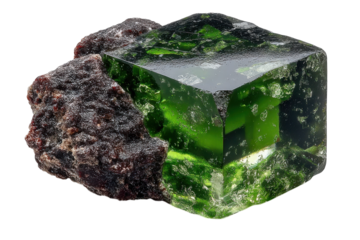 Green crystal mineral specimen with dark rock formation closeup view on transparent background