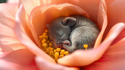 A tiny mouse curled up and sleeping peacefully inside a blooming flower. Close-up, soft lighting, and heartwarming composition.