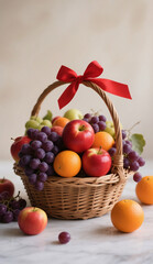 A woven basket filled with fresh fruit and a red ribbon on the handle