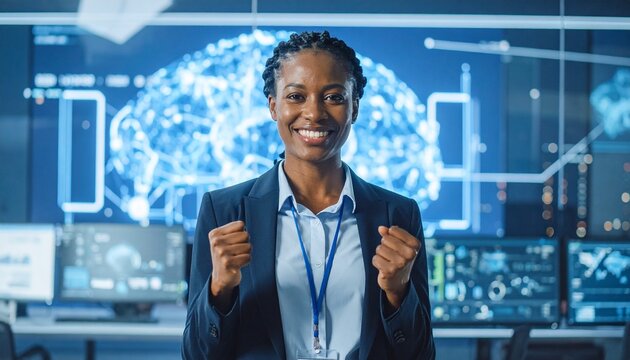 A smiling woman in a business suit standing confidently in a futuristic tech room