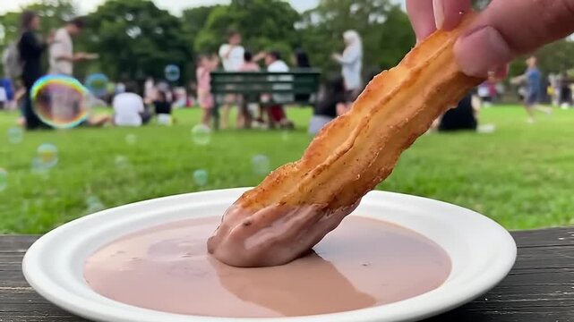 A hand dips a golden brown churro into rich chocolate sauce on a white plate outdoors on a sunny day in a park