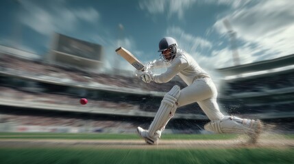 Cricketer strikes the ball in vibrant stadium under clear blue sky during match