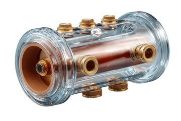 Detailed view of a glass and copper scientific instrument component on transparent background