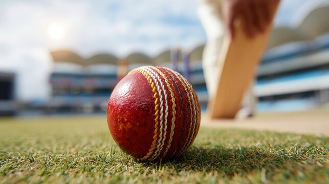 Cricket ball ready for play on the field during bright sunny day in a stadium