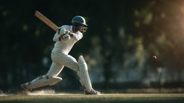 Cricketer swinging bat during match in early evening light on a grassy field