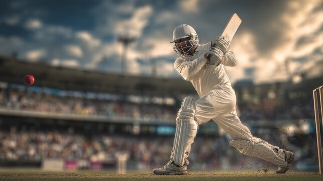 Cricketer strikes the ball during a match at a stadium in daylight - Powered by Adobe