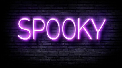 Purple neon sign reading spooky glowing against dark brick wall, casting eerie halloween ambiance with moody lighting effect