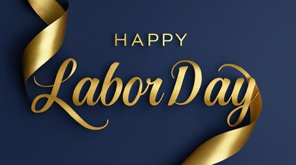 Golden ribbon framing labor day greeting, creating festive visual with textured golden effect against deep blue backdrop celebrating national workers' holiday