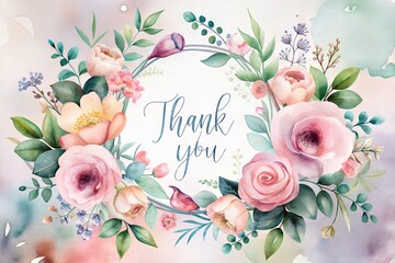 Floral Thank You Card – Elegant Watercolor Flowers and Wreath Design for Greeting and Invitations