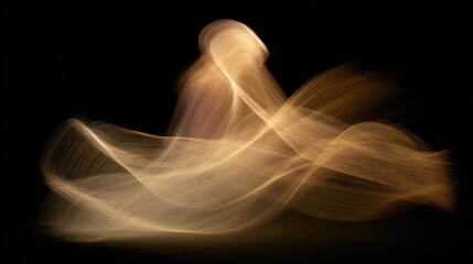 Golden light trails swirling, creating ethereal abstract patterns against deep darkness, representing dynamic energy and artistic motion