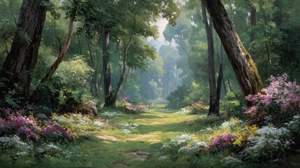 Obraz premium Flowers Bloom Along a Winding Path Through a Forest