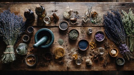 Variety of dried medicinal herbs, flowers, spices, essential oils in bottles and mortar with pestle on rustic wooden background for preparing natural remedies