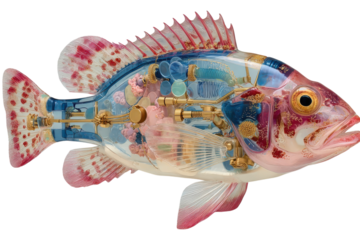 Mechanical fish with transparent body revealing intricate internal gears on transparent background