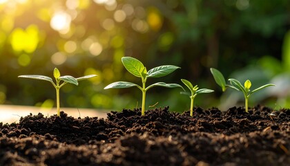 Fototapeta premium Young plants emerge from fertile soil, symbolizing new beginnings and the promise of growth