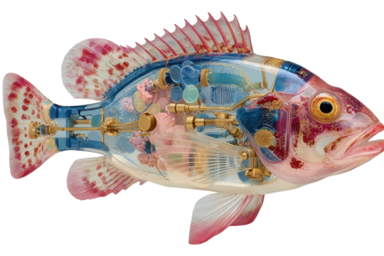Mechanical fish with transparent body revealing intricate internal gears on transparent background