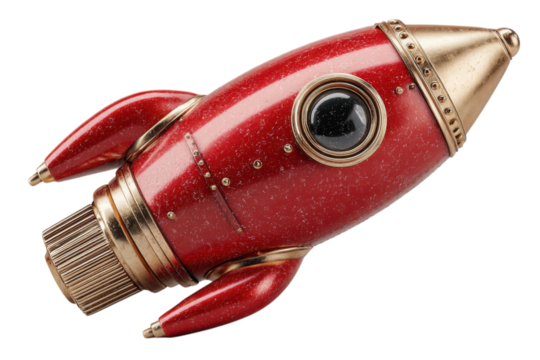 Red and gold vintage rocket ship on transparent background
