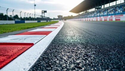 A racing track with a red and white curb and a blurred background of grandstands. The asphalt is in the foreground, and the image evokes speed and competition.