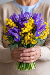 Senior woman cradling fragrant purple irises and bright yellow mimosa, capturing tender moment of floral connection and emotional warmth in delicate hands