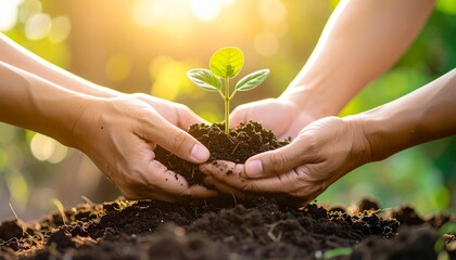 Fototapeta premium Two hands gently cradling a young seedling, representing new growth and environmental care. The soil is dark and rich, and sunlight streams in from behind