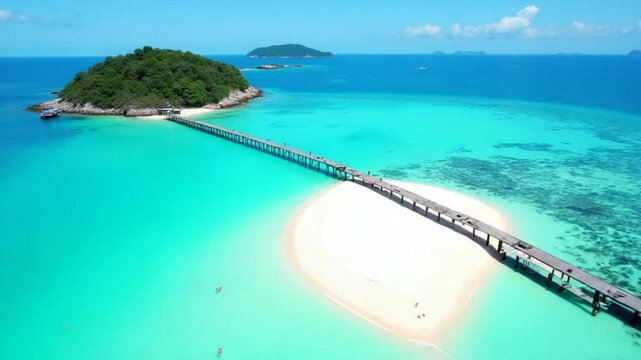 Aerial view of tropical island of Koh Kham, Thailand. Crystal-clear turquoise waters, white sand beach, and long wooden pier in exotic paradise.
