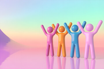 colorful figures, 3d abstract humanoid shapes, pastel colors, vibrant background, minimalist illustration dreamy atmosphere serene