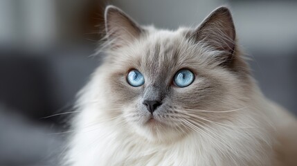 Fluffy cat with striking blue eyes sitting indoors during the day
