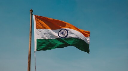 Indian national flag in motion under serene blue sky backdrop