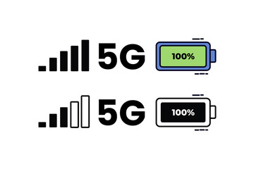 Vector illustration of 5G signal and 100% battery icons in two styles: filled and outline. Perfect for mobile UI, network technology presentations, telecom infographics, and app interfaces.