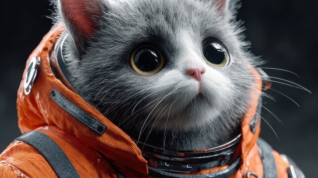 Cute cat in orange astronaut suit exploring outer space adventure