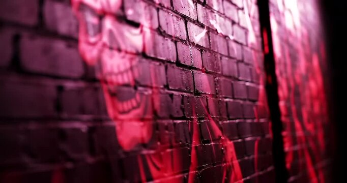 Close-up view of a brick wall with a vibrant red graffiti mural featuring a skull design.