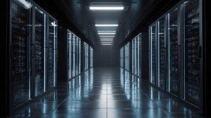 High-tech data center with rows of servers illuminated by cool lights