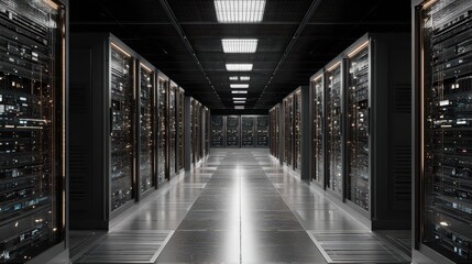 High-tech server room featuring rows of data storage devices and efficient lighting