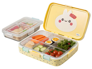 Yellow plastic lunchbox with compartments filled with food and cute bunny design healthy meal