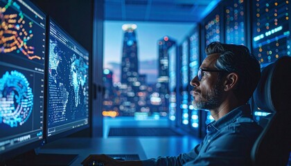 A professional man analyzes data in the server room at night